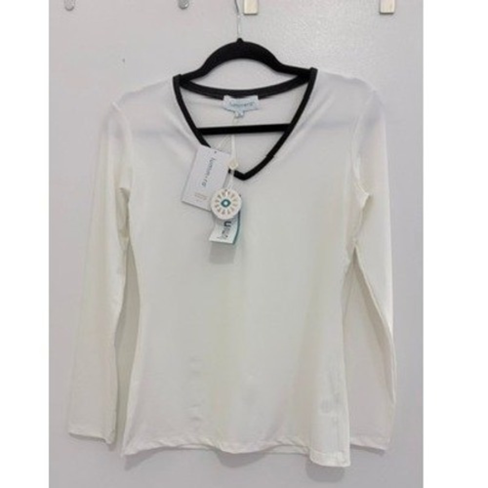 Luminora Women White Black V-Neck UPF 50+ Sun Shirt Long Sleeve Top Medium NWT